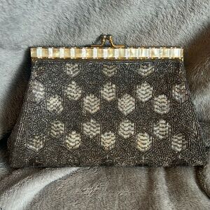 VINTAGE Antique Gold Beaded Clutch with Mother of Pearl top and Kiss Lock